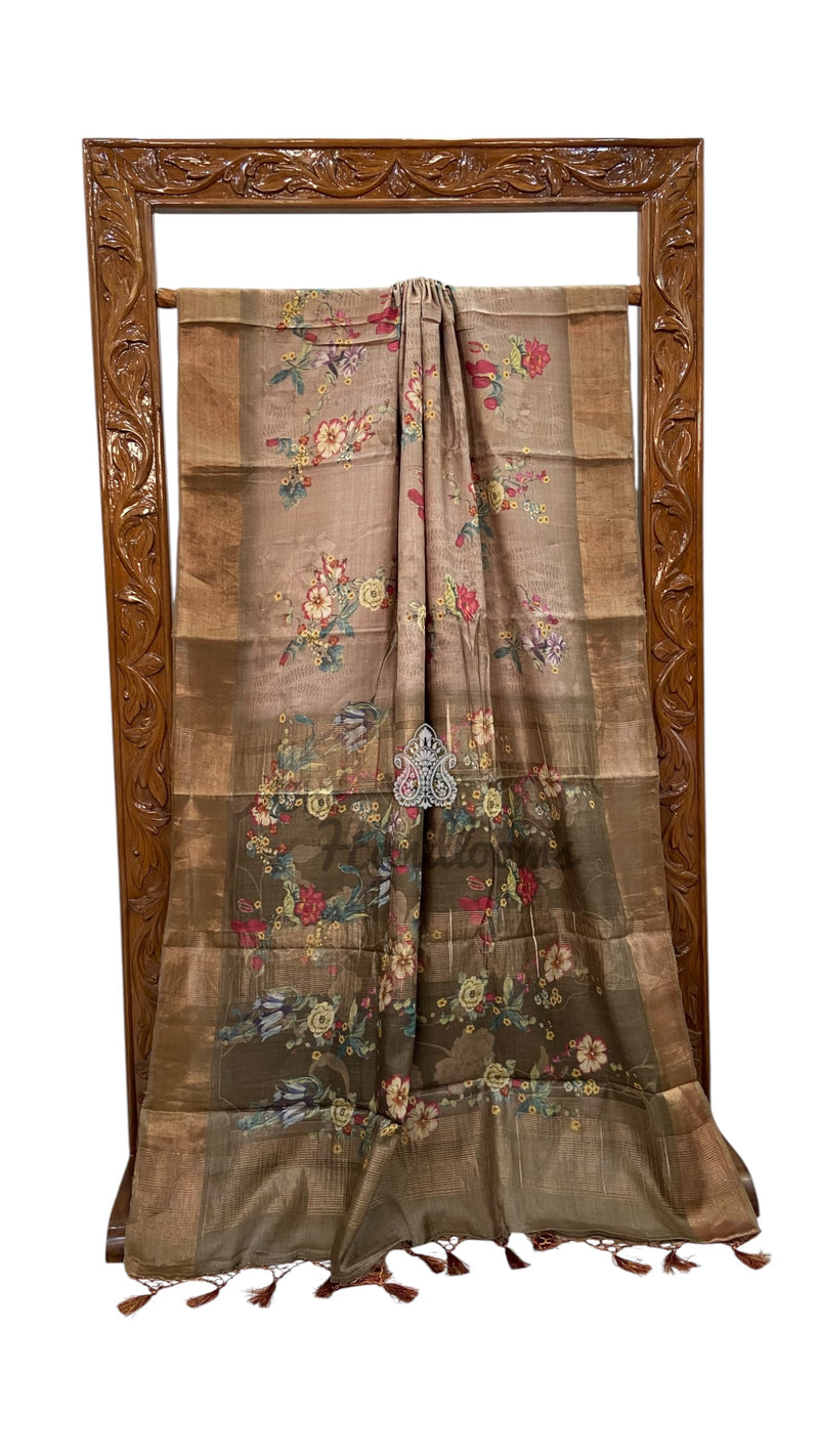 Pure Tussar Silk Handloom Banarasi Saree With Digital Print