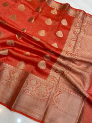 Orange Pure Linen Banarasi Saree - The Handlooms