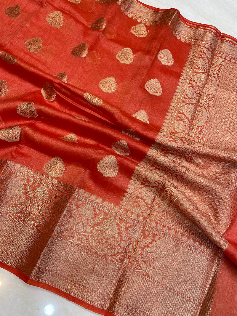 Orange Pure Linen Banarasi Saree - The Handlooms