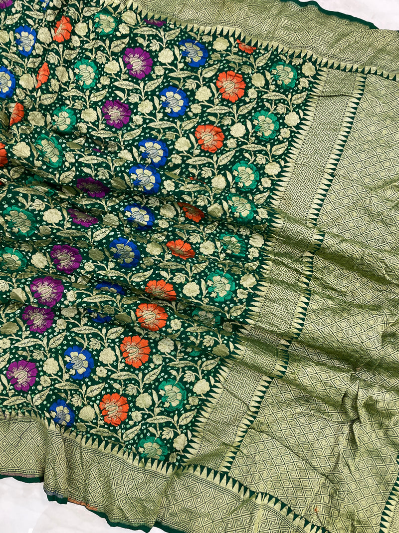 Pure Georgette Banarasi Bandhej Handloom Saree - with meenakari work - The Handlooms