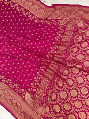 Hot Pink Pure Georgette Banarasi Bandhej Handloom Saree - The Handlooms