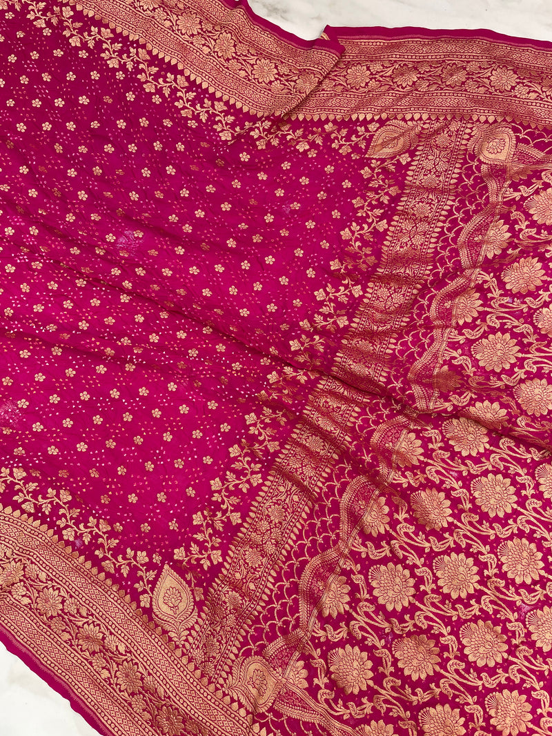 Hot Pink Pure Georgette Banarasi Bandhej Handloom Saree - The Handlooms