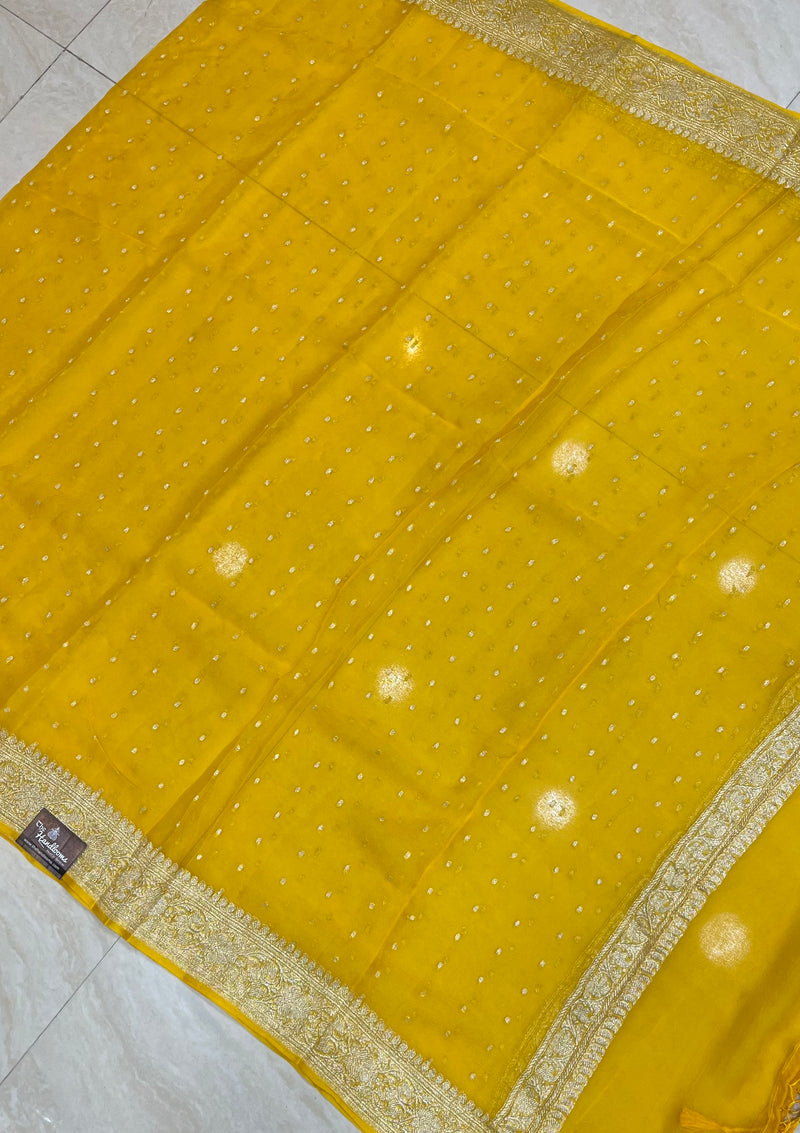 Pure Georgette Dupatta - Yellow silver zari - The Handlooms