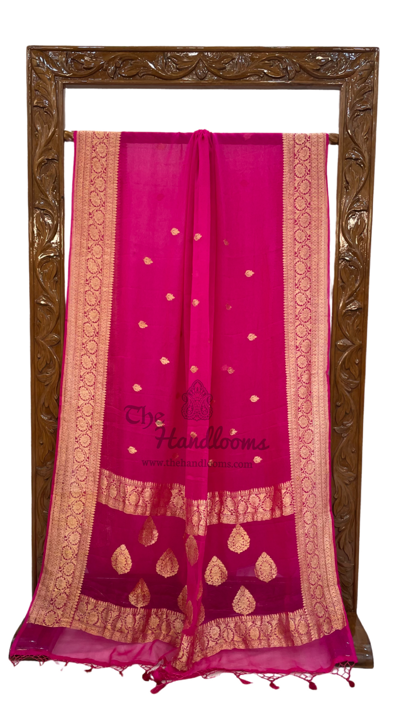 Hot Pink Pure Georgette Banarasi Saree - Gold zari - The Handlooms