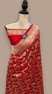 Red Pure Katan Silk Banarasi Handloom Saree - All over Jaal work with Meenakari - The Handlooms