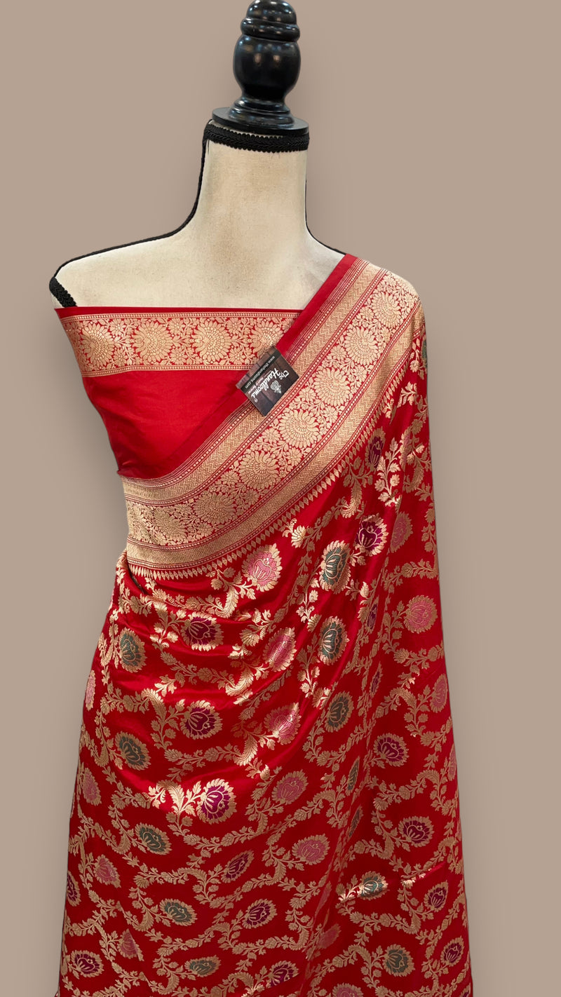 Red Pure Katan Silk Banarasi Handloom Saree - All over Jaal work with Meenakari - The Handlooms