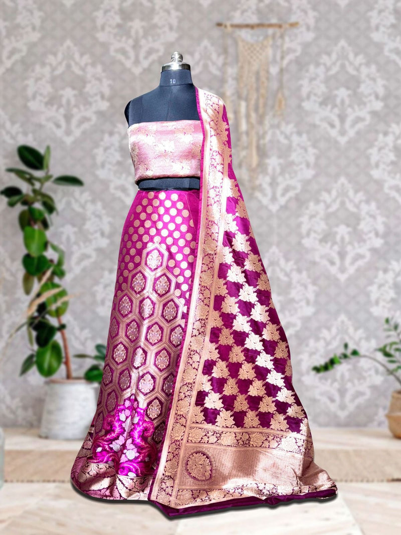 Pure Katan Silk Handloom Banarasi Lehenga All Over Sona Roopa Jaal Work With Stitched - The Handlooms