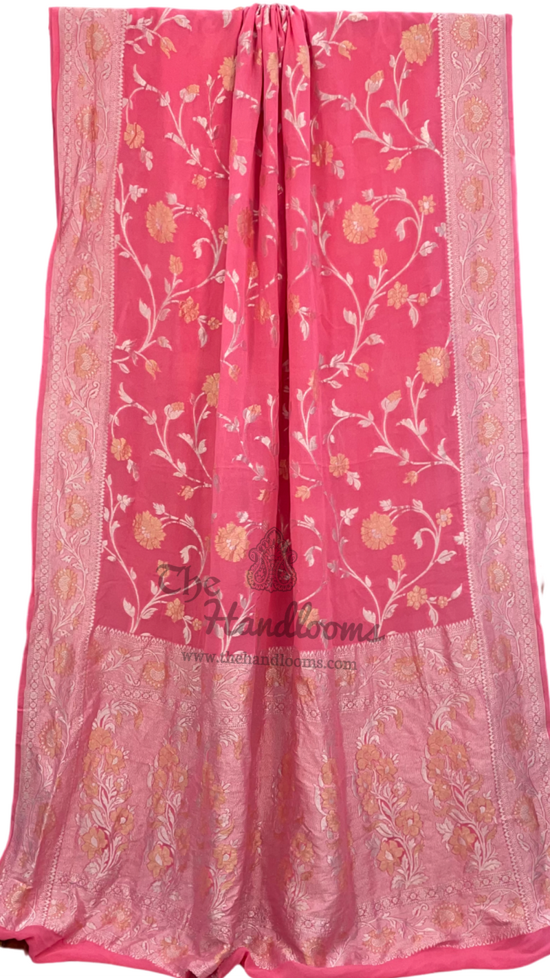 Pink Khaddi Georgette Handloom Banarasi Saree - All over Roopa Sona Jaal Work - The Handlooms