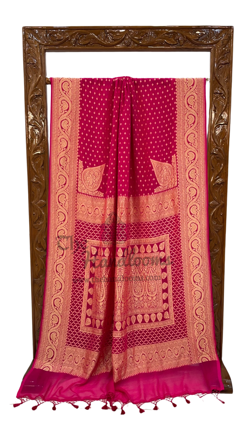 Hot Pink Khaddi Georgette Banarasi Saree - Gold zari - The Handlooms