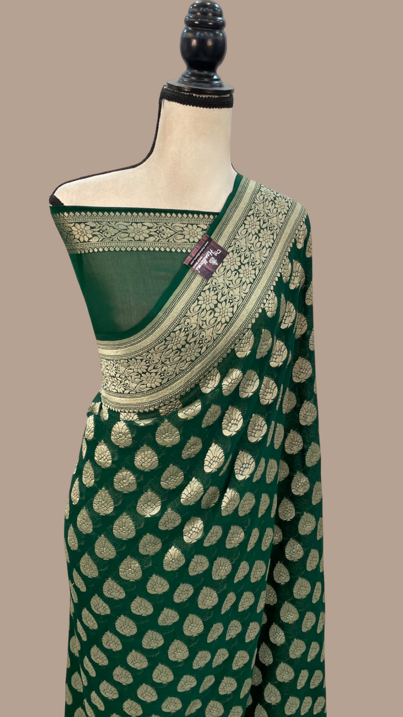 Green Pure Khaddi Georgette Banarasi Saree -  Gold zari - The Handlooms