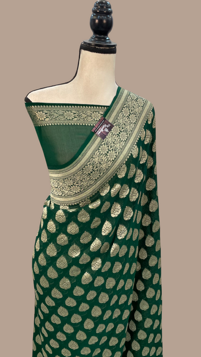 Green Pure Khaddi Georgette Banarasi Saree -  Gold zari