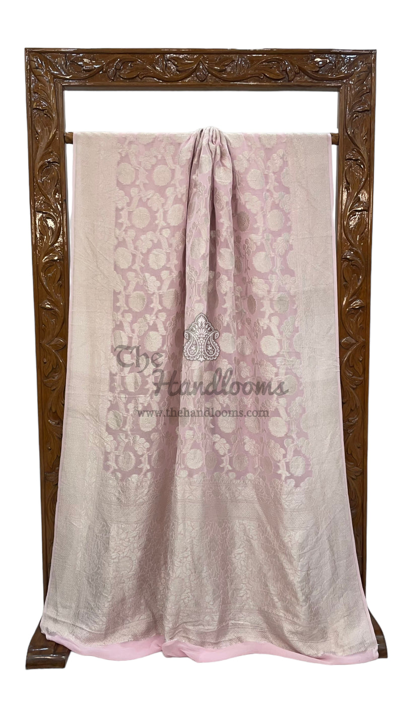 Pink Pure Khaddi Georgette Banarasi Saree with all over silver zari jaal work - The Handlooms
