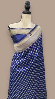 Royal Blue Pure Katan Silk Banarasi Handloom Saree - All over Sona Roopa Jaal work - The Handlooms