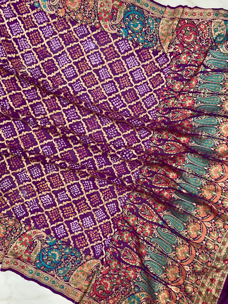 Pure Georgette Banarasi Bandhej Handloom Saree - Meenakari