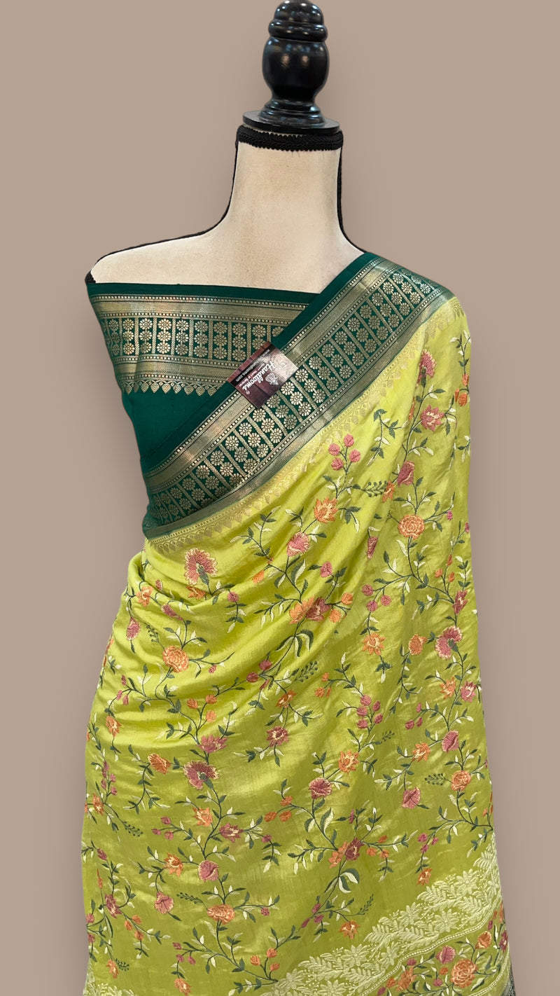 Pure Chiniya Silk Handloom Banarasi Saree with Chikankari - The Handlooms