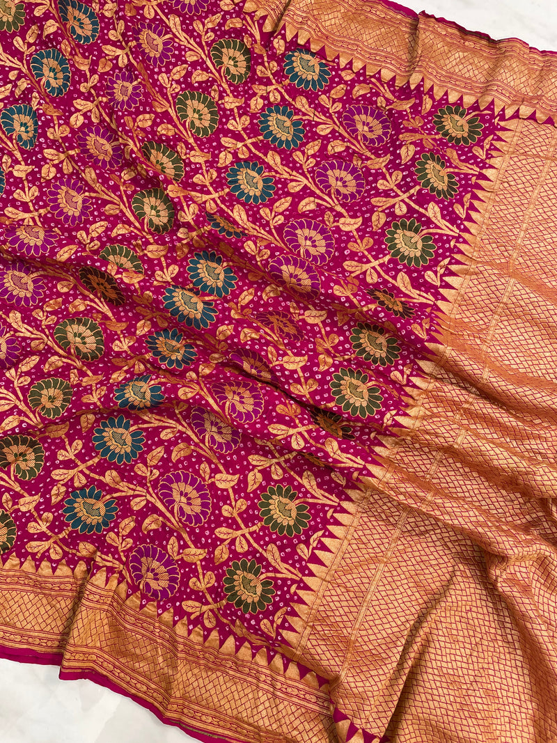 Pure Georgette Banarasi Bandhej Handloom Saree - with meenakari work - The Handlooms