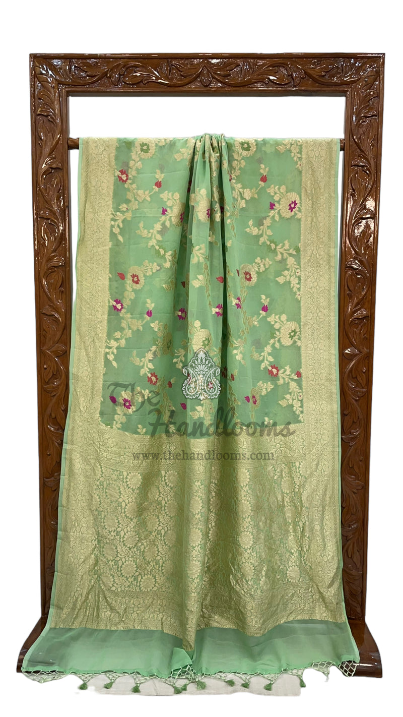 Pista Green Khaddi Georgette Handloom Banarasi Saree - All over Jaal Work with meenakari - The Handlooms