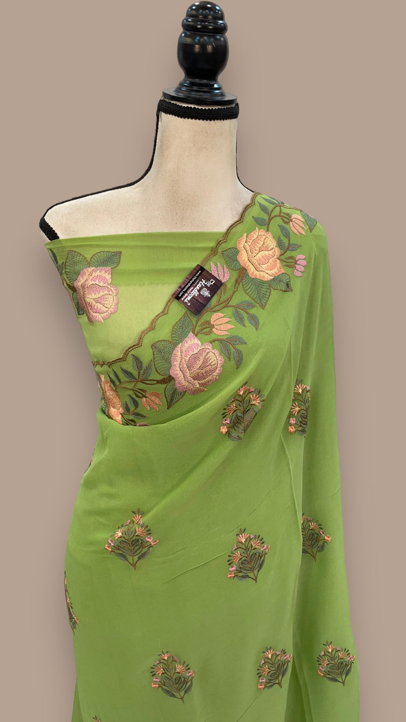 Pure Georgette Chikankari Handloom Banarasi Saree - The Handlooms