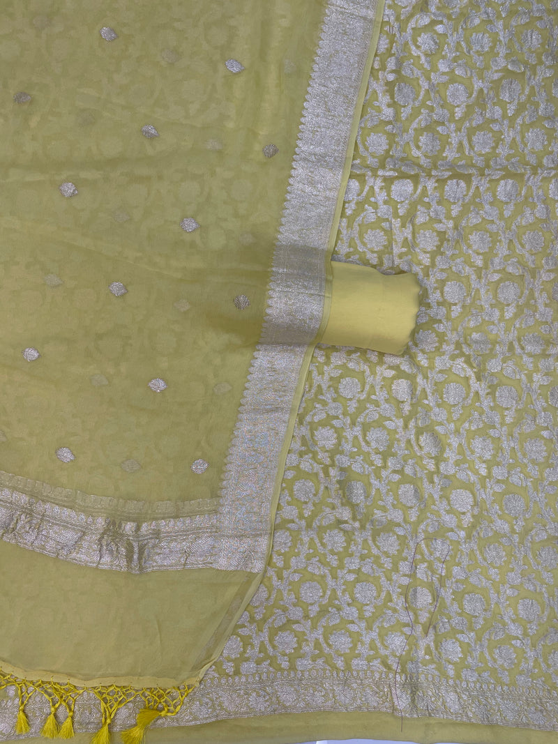 Yellow Pure Khaddi Georgette Banarasi Dress material - The Handlooms