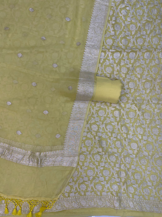 Yellow Pure Khaddi Georgette Banarasi Dress material