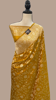 Mustard Yellow Pure Katan Silk Banarasi Handloom Saree - All Over Jaal Work - The Handlooms