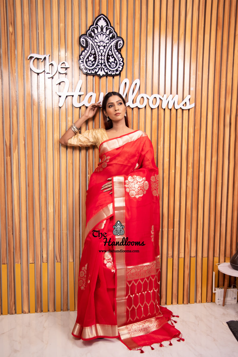 Red Pure Kora Handloom Banarasi Saree - The Handlooms
