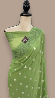 Green Pure Georgette Chikankari Handloom Banarasi Saree - The Handlooms