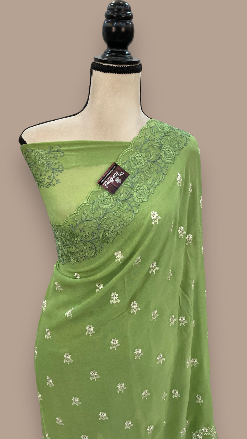 Green Pure Georgette Chikankari Handloom Banarasi Saree - The Handlooms