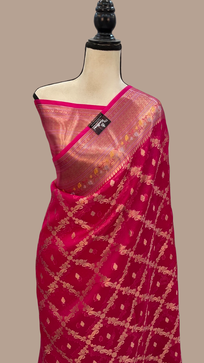 Hot Pink Pure Kora Handloom Banarasi Saree - The Handlooms