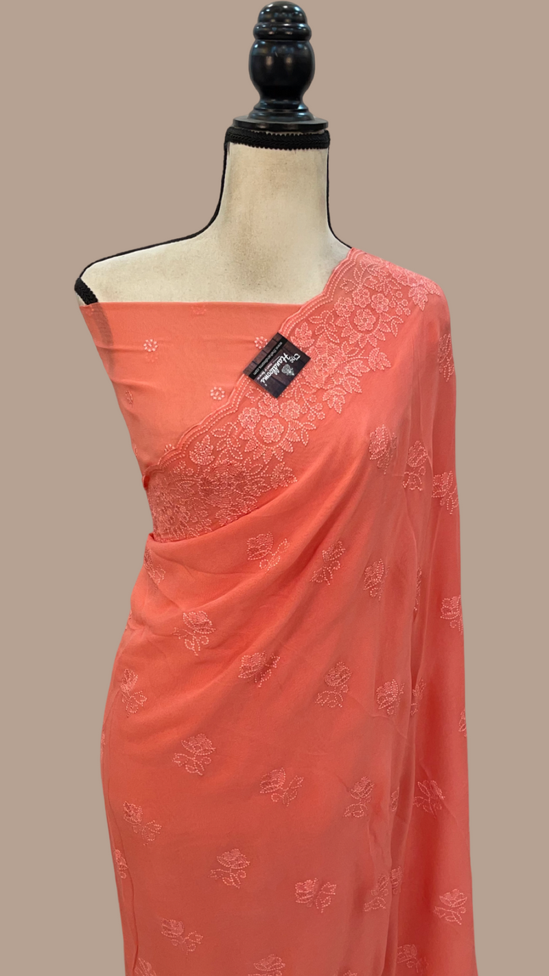 Pure Georgette Chikankari Handloom Banarasi Saree - The Handlooms