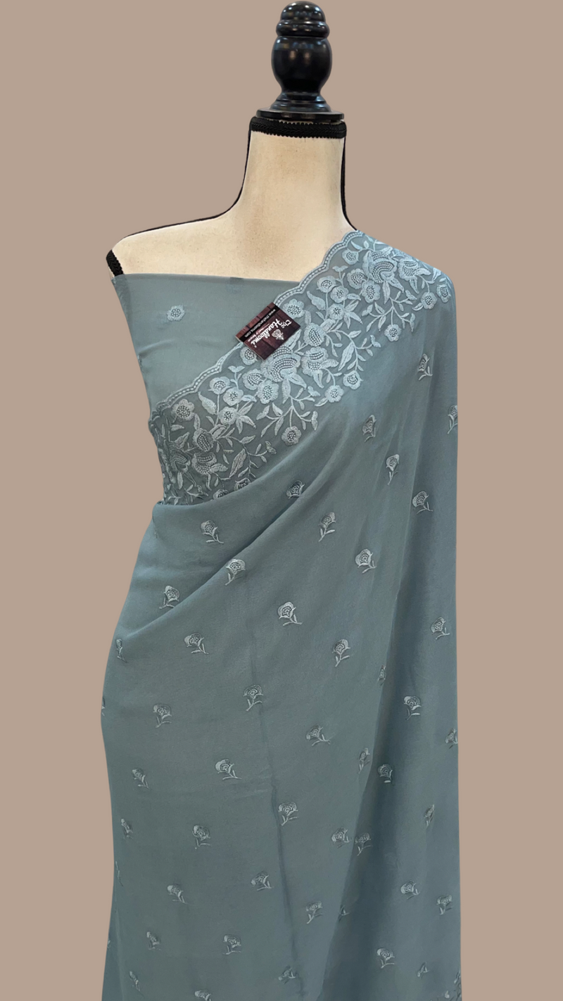 Pure Georgette Chikankari Handloom Banarasi Saree - The Handlooms