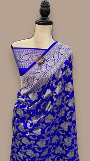 Royal Blue Pure Katan Silk Banarasi Handloom Saree - All Over Jaal Work - The Handlooms