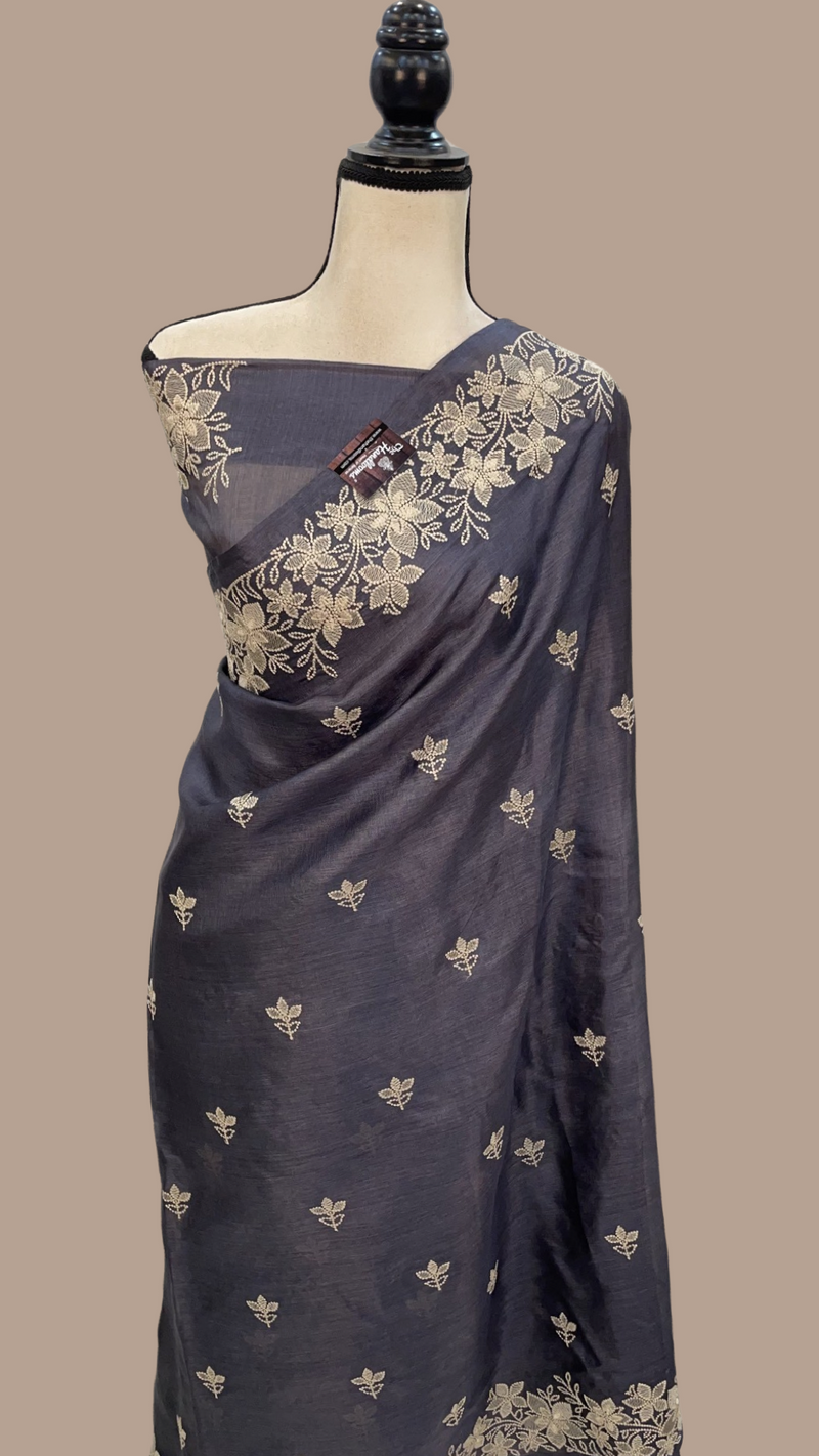 Tussar Silk Handloom Banarasi Saree With Chikankari - The Handlooms