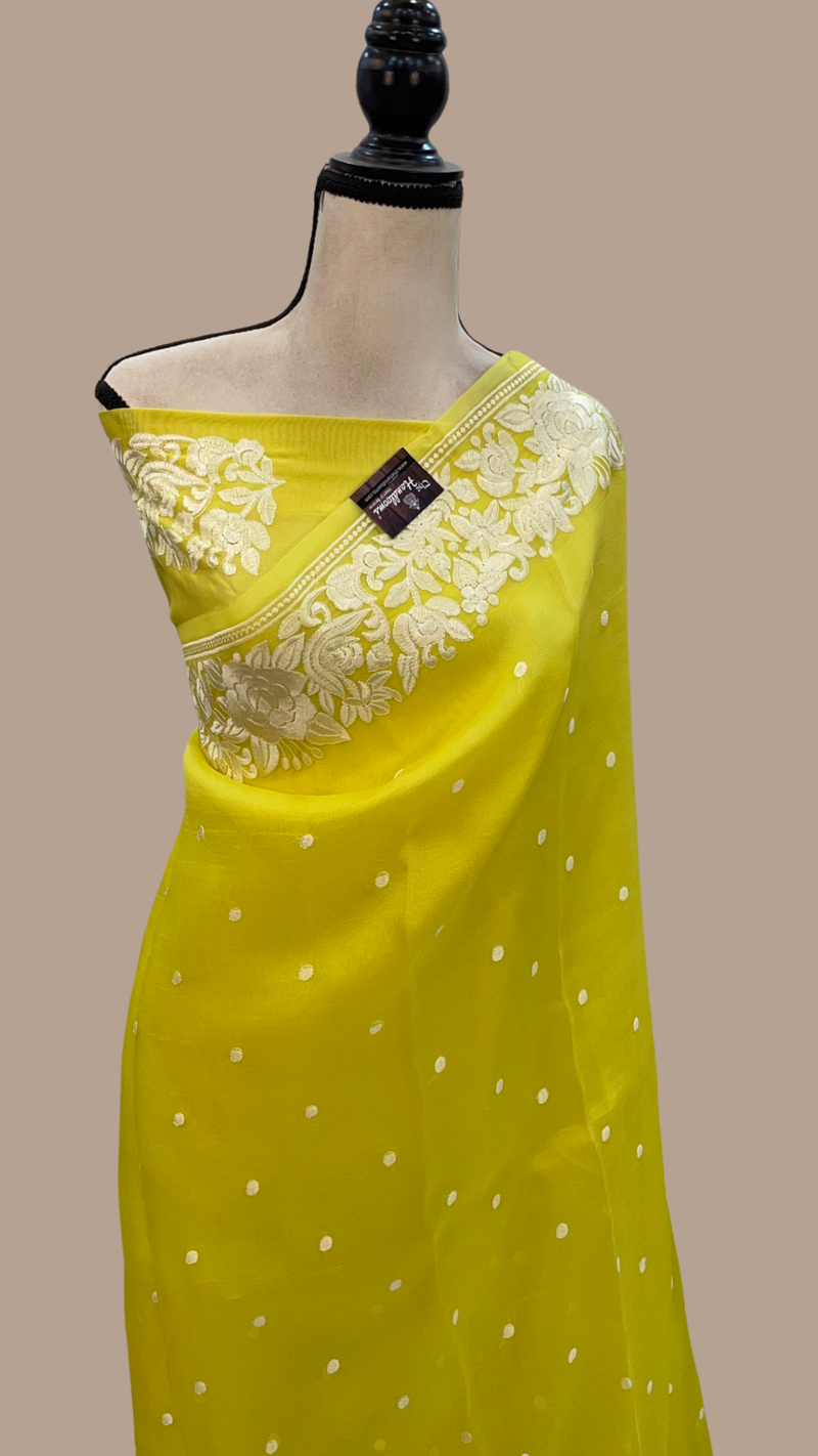 Yellow Pure Organza Chikankari Handloom Banarasi Saree - The Handlooms