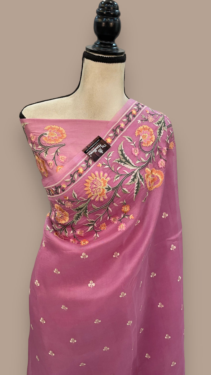 Pink Pure Organza Chikankari Handloom Banarasi Saree - The Handlooms