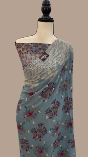 Pure Georgette Digital Print with Chikankari Handloom Banarasi Saree - The Handlooms