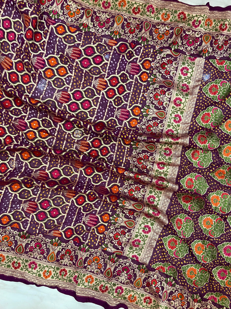 Pure Georgette Banarasi Bandhej Handloom Saree - Meenakari