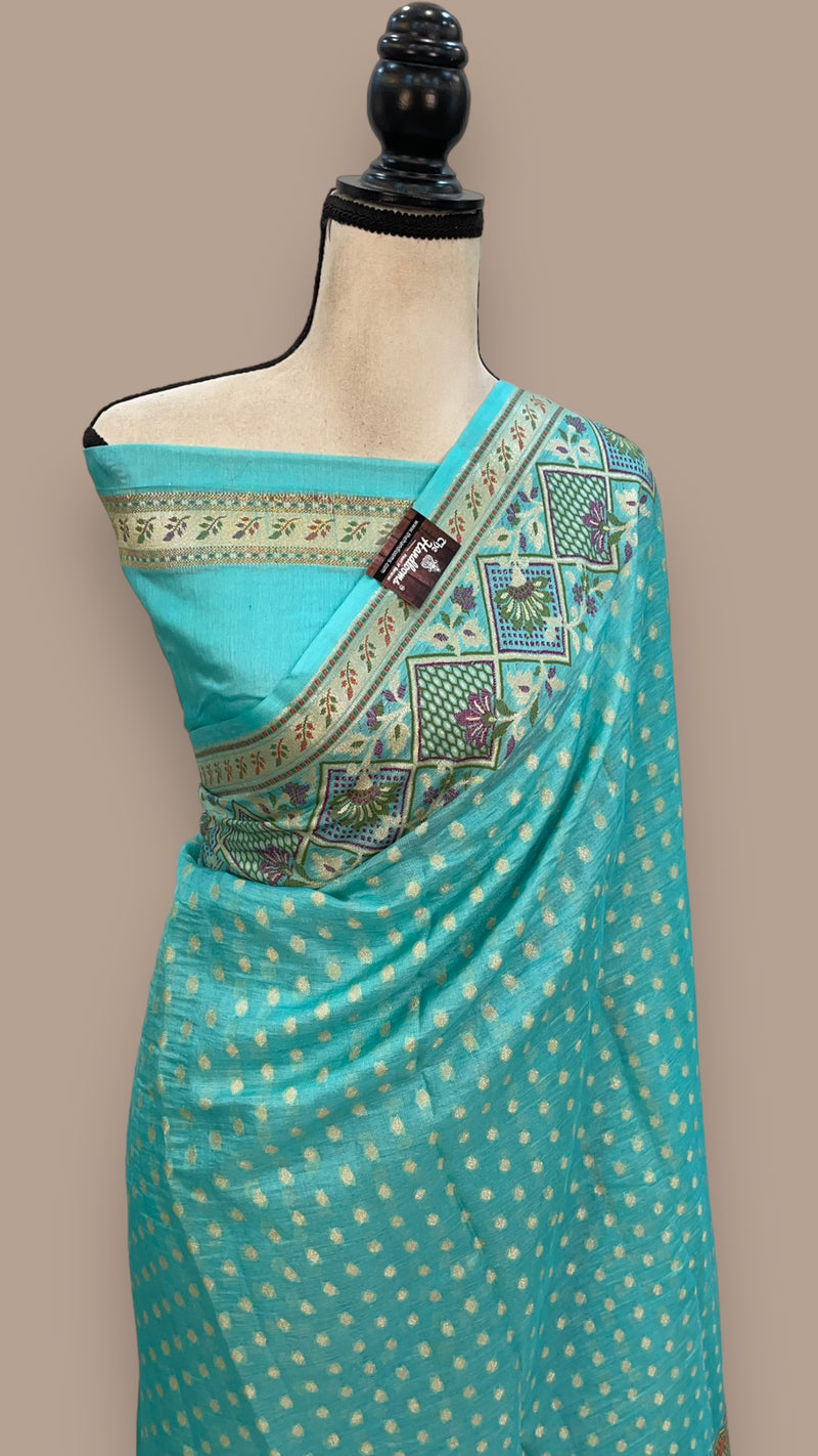 Turquoise Pure Tussar Silk Handloom Banarasi Saree - The Handlooms