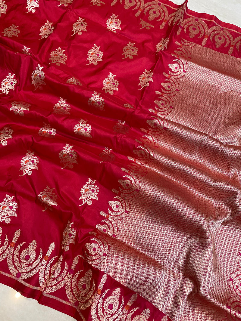 Red Pure Katan Silk Banarasi Handloom Saree - All over Jaal work - With Meenakari - The Handlooms