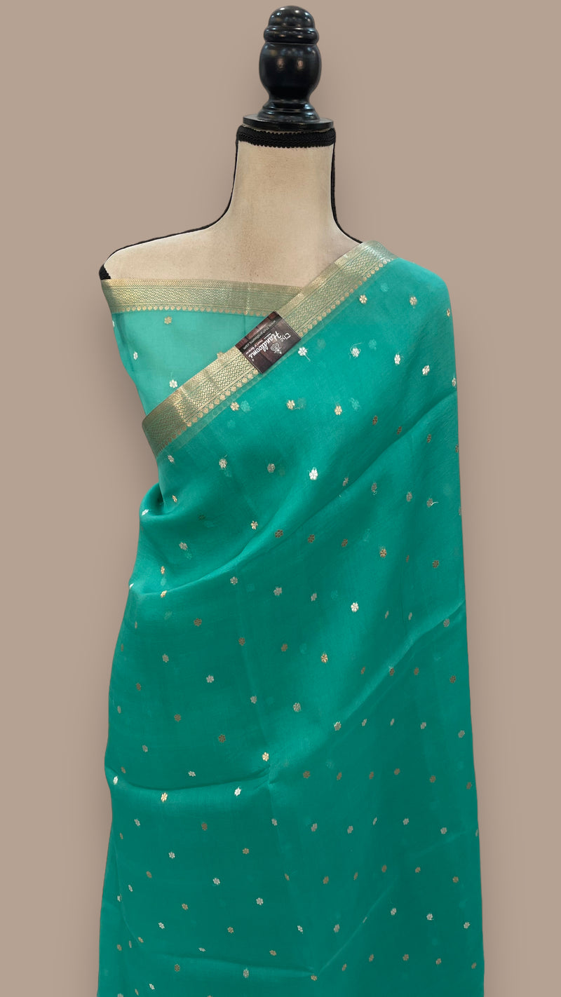 Turquoise Pure Kora Handloom Banarasi Saree - The Handlooms