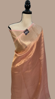 Peach Pure Kora Tissue Handloom Banarasi Saree - The Handlooms