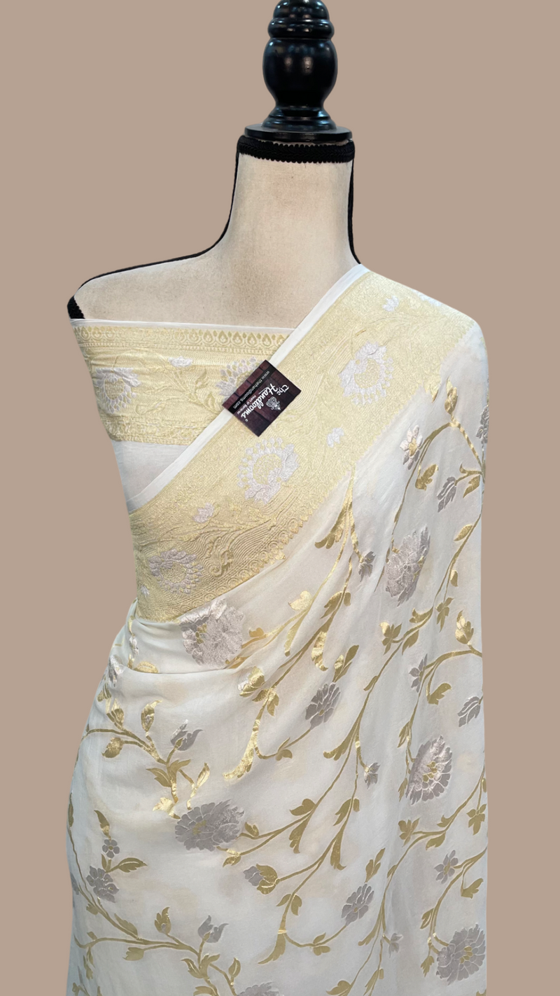 Khaddi Georgette Handloom Banarasi Saree - All over Sona Roopa Jaal Work - The Handlooms