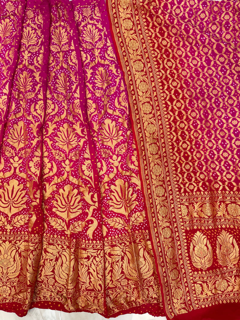 Pure Khaddi Georgette Bandhani Handloom Banarasi Lehenga - The Handlooms
