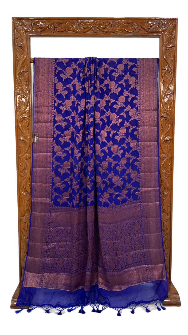 Royal Blue Pure Chiffon Khaddi Banarasi Saree - The Handlooms