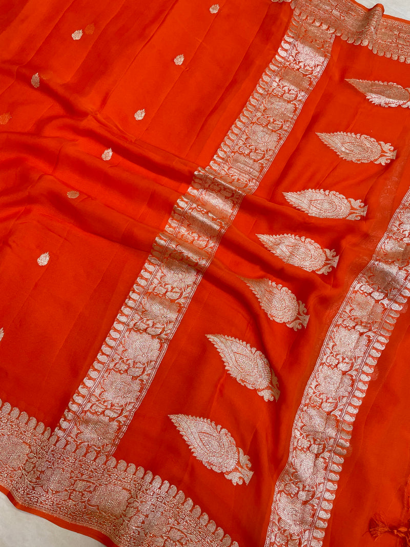 Orange Pure Georgette Banarasi Handloom Saree - The Handlooms