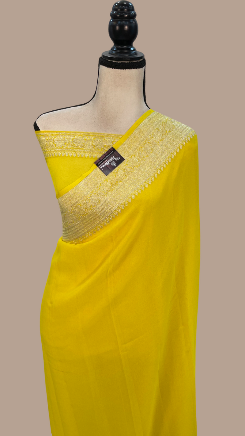 Pure Georgette Banarasi Handloom Saree - Yellow - The Handlooms