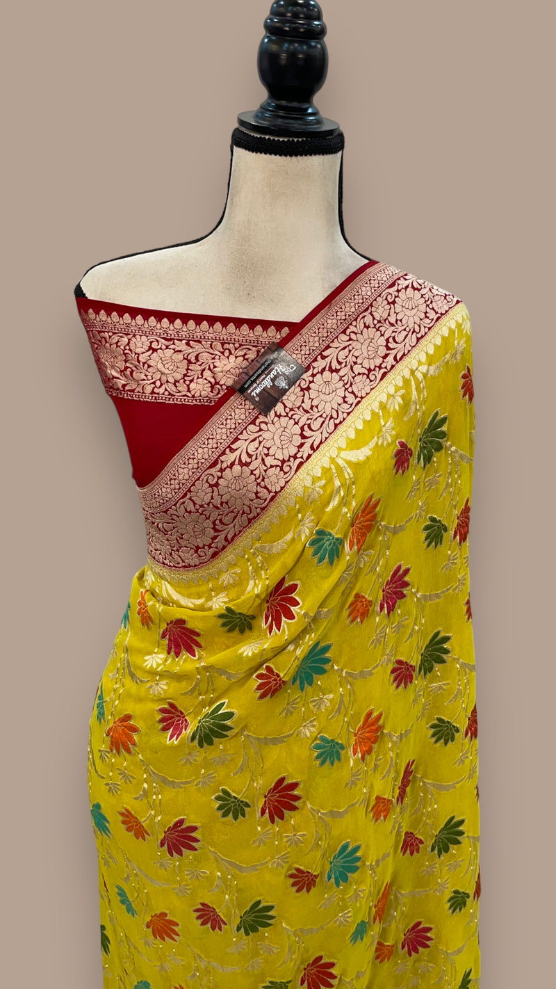 Yellow Khaddi Georgette Handloom Banarasi Saree - All over Jaal Work With Meenakari - The Handlooms