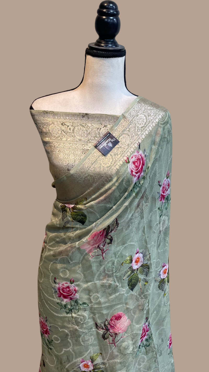 Pure Georgette  Digital Print with Chikankari Handloom Banarasi Saree - The Handlooms