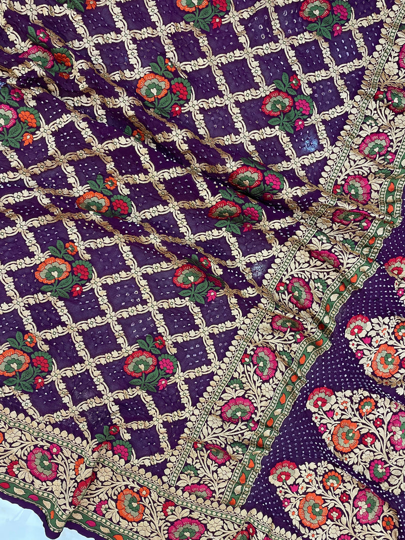 Pure Georgette Banarasi Bandhej Handloom Saree - with meenakari work - The Handlooms