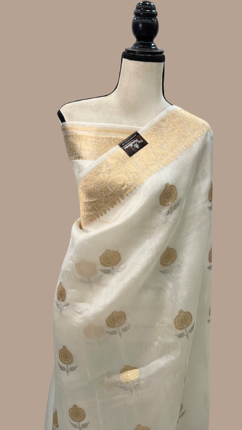 Pure Kora Handloom Banarasi Saree - Sona Roopa Alfi Kadua Boota - The Handlooms
